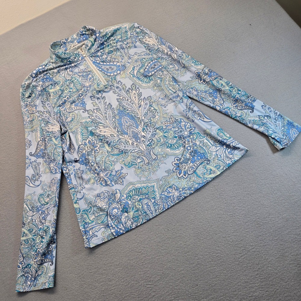 AceGolfs Womens Blue Green Paisley Quarter Zip Long Sleeve Pullover Top Large